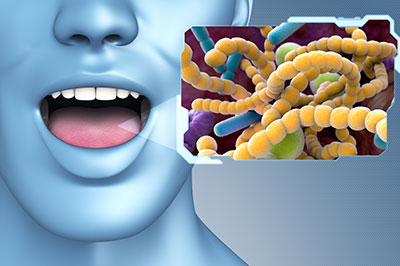 The image features a 3D rendering of a human face with an open mouth, set against a background that includes a microscopic view of bacteria or viruses.